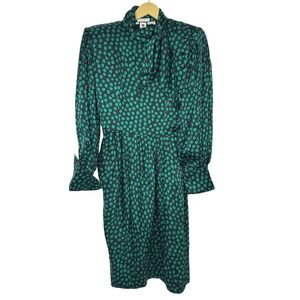 Vintage 80's Couture Amen Wardy Paris‎ Silk Green Polka Dot Neck Bow Dress Italy
